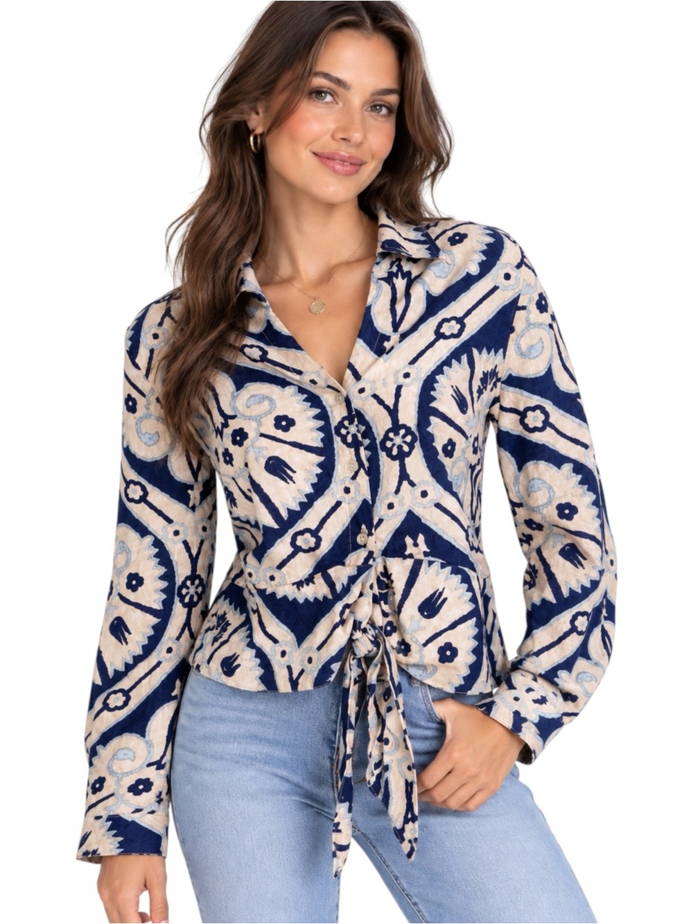 CHRISTIAN SIRIANO Linen Blend Tile Print Tie Front Long Sleeve Blouse Large